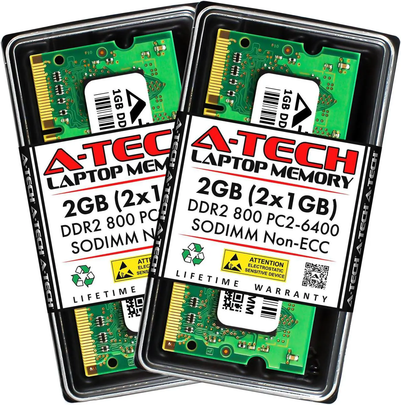 Main image of A-Tech 2GB (2x1GB) DDR2 800MHz SODIMM PC2-6400 Non-ECC Unbuffered CL6 1.8V 200-Pin SO-DIMM Laptop Notebook Computer RAM Memory Upgrade Kit