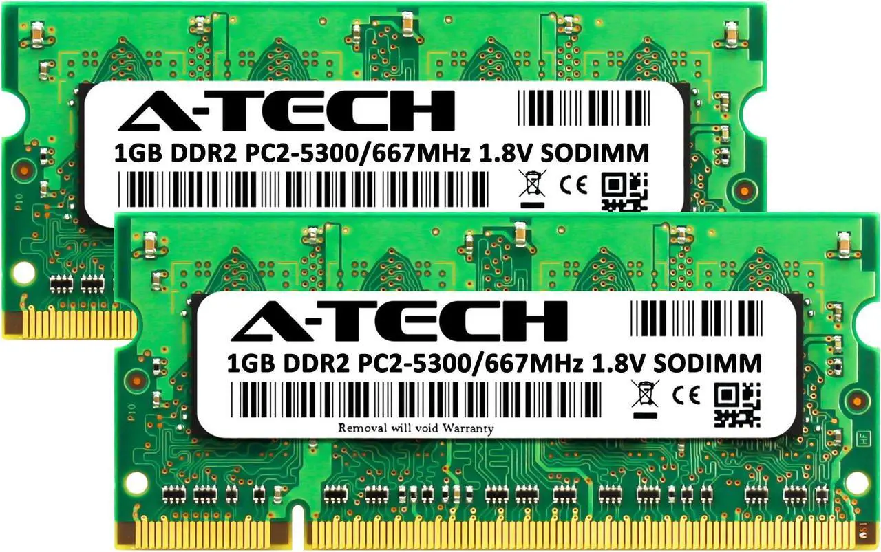 Alt view image 2 of 6 - A-Tech 2GB (2x1GB) DDR2 667MHz SODIMM PC2-5300 Non-ECC Unbuffered CL5 1.8V 200-Pin SO-DIMM Laptop Notebook Computer RAM Memory Upgrade Kit
