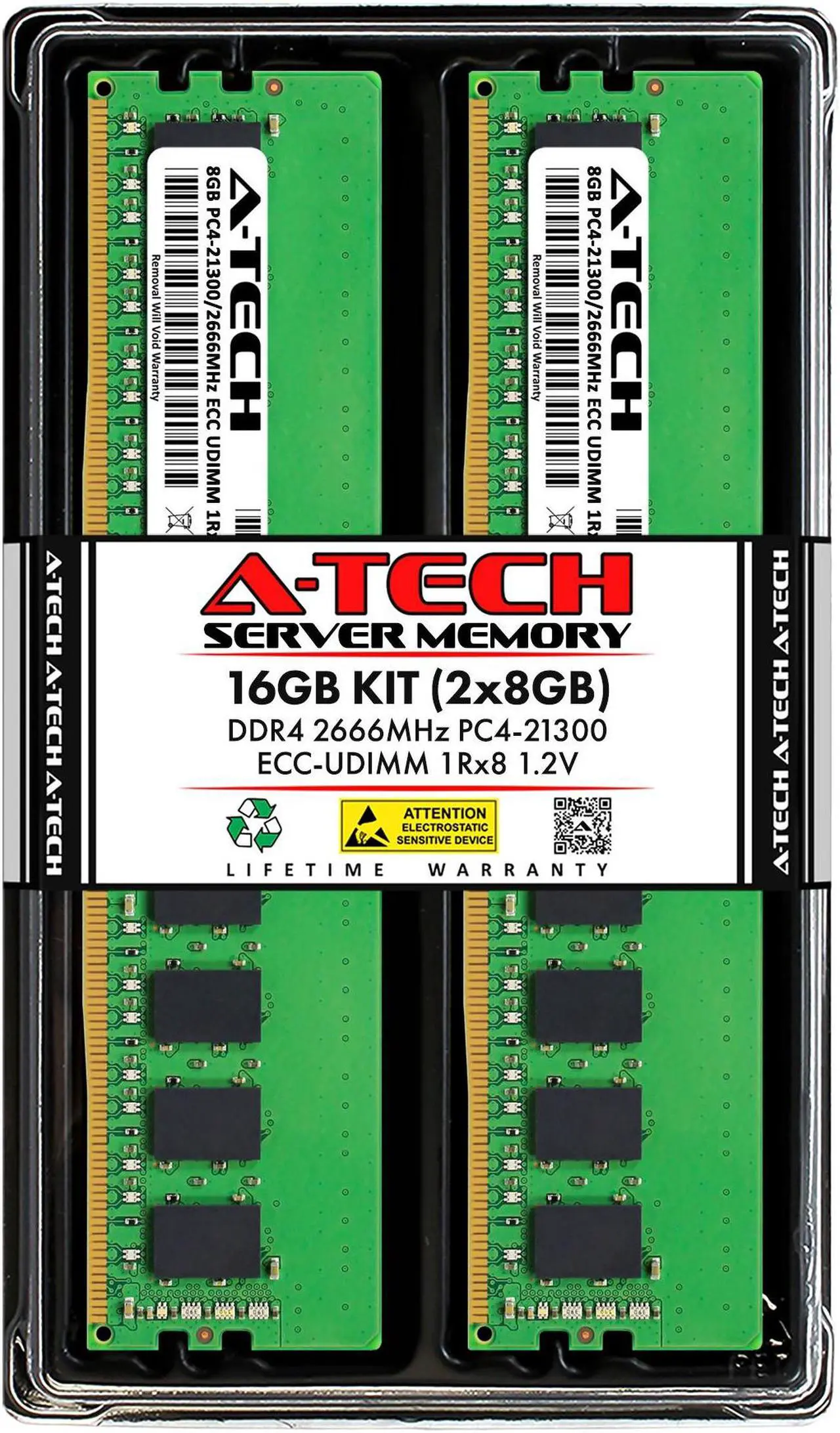 Main image of A-Tech 16GB (2x8GB) 1Rx8 PC4-21300 / PC4-21300E DDR4 2666 MHz ECC UDIMM 1.2V ECC Unbuffered DIMM 288-Pin Single Rank x8 Server & Workstation RAM Memory Upgrade Kit