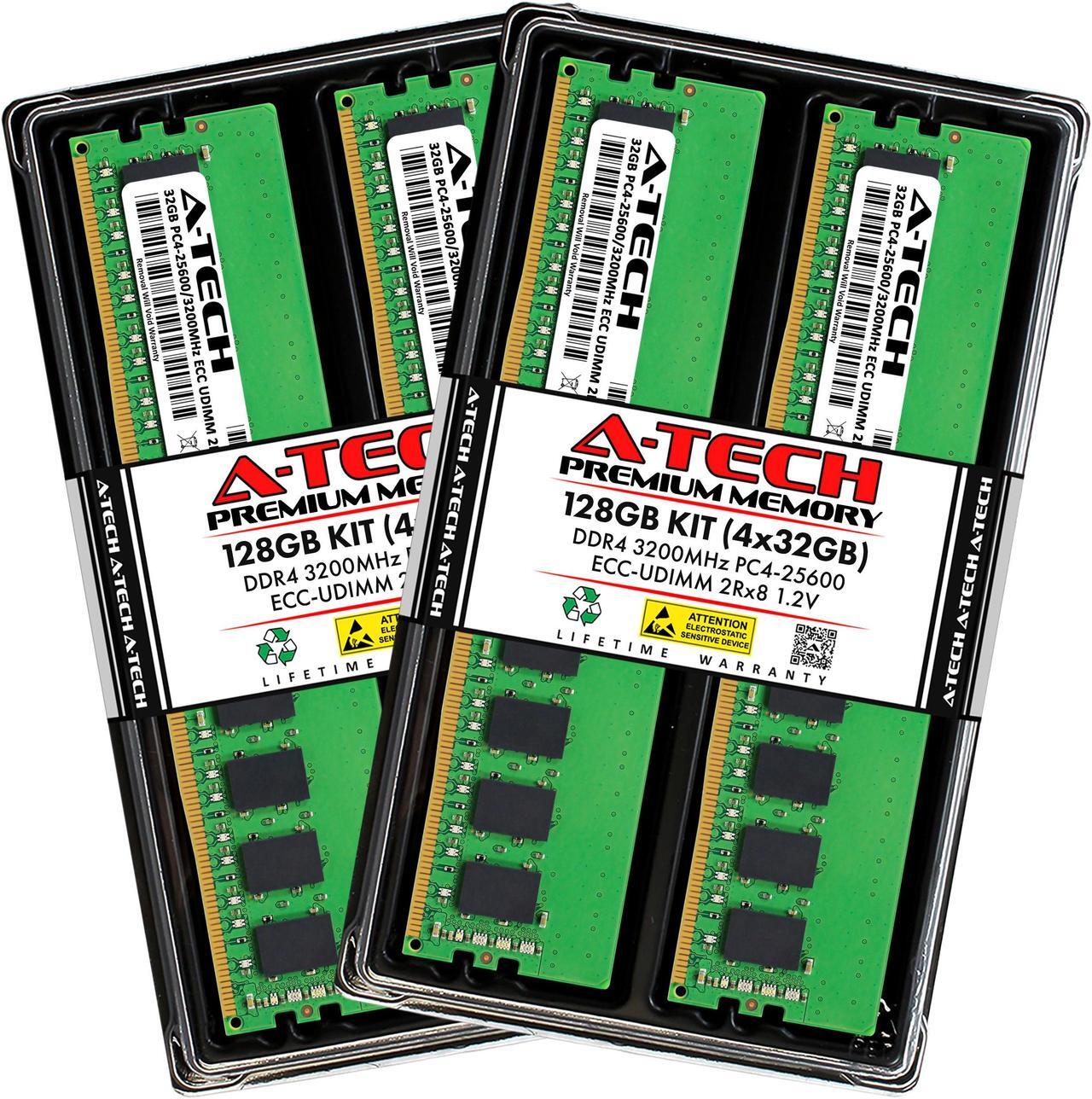 Main image of A-Tech 128GB (4x32GB) 2Rx8 PC4-25600 / PC4-25600E DDR4 3200 MHz ECC UDIMM 1.2V ECC Unbuffered DIMM 288-Pin Dual Rank x8 Server & Workstation RAM Memory Upgrade Kit