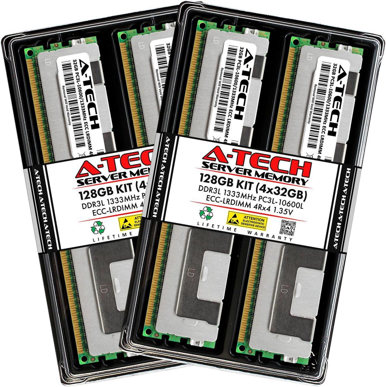 Main image of A-Tech 128GB (4x32GB) 4Rx4 PC3L-10600L DDR3 / DDR3L 1333 MHz ECC LRDIMM 1.35V Load Reduced DIMM 240-Pin Quad Rank x4 Low Voltage Server RAM Memory Upgrade Kit