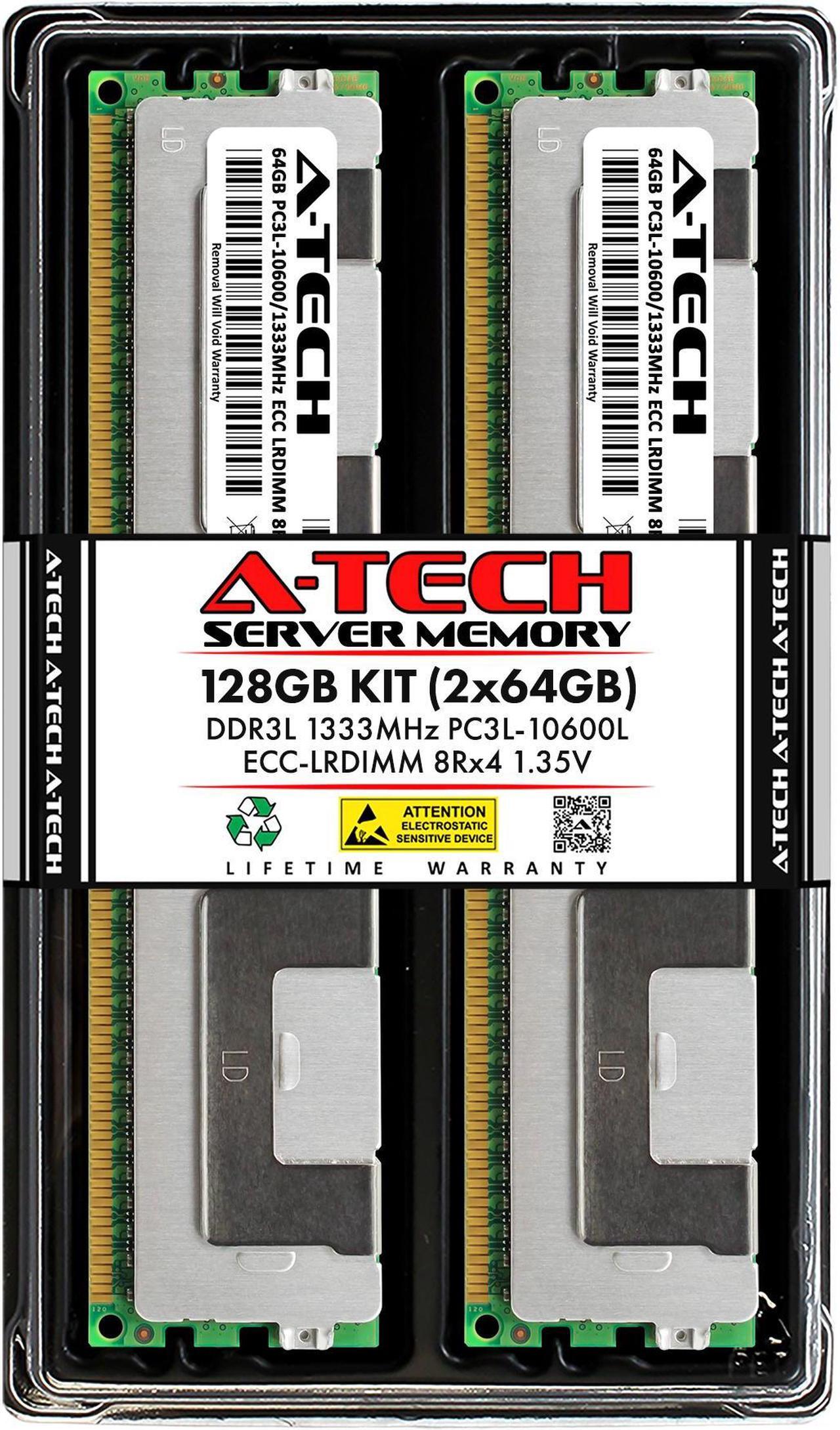 Main image of A-Tech 128GB (2x64GB) 8Rx4 PC3L-10600L DDR3 / DDR3L 1333 MHz ECC LRDIMM 1.35V Load Reduced DIMM 240-Pin Octal Rank x4 Low Voltage Server RAM Memory Upgrade Kit