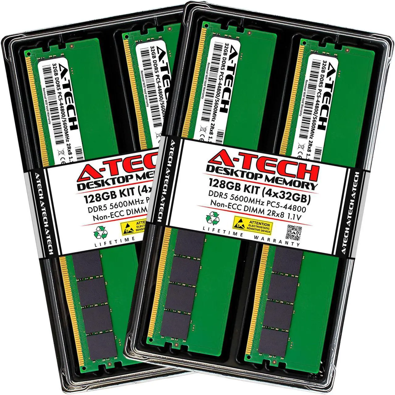 Main image of A-Tech 128GB Kit (4 x 32GB) DDR5 5600MHz DIMM PC5-44800 Non-ECC Unbuffered CL46 UDIMM 288-Pin 1.1V Desktop RAM Memory Modules