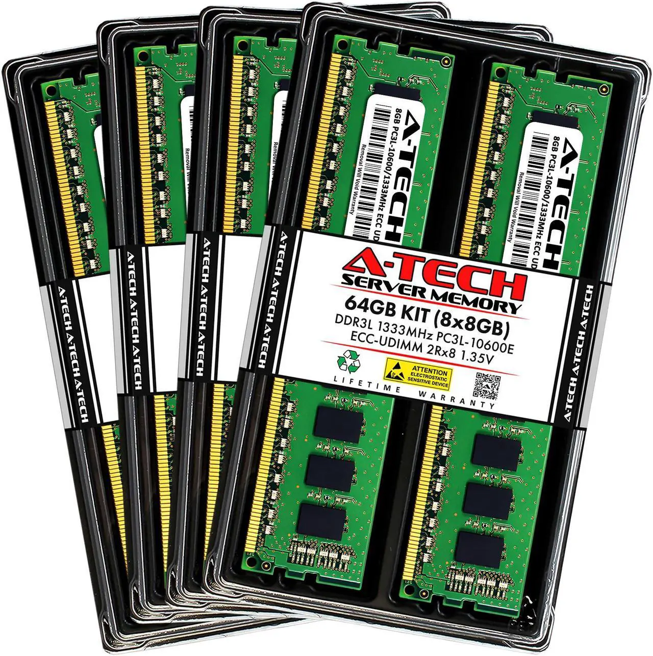 Main image of A-Tech 64GB (8x8GB) 2Rx8 PC3L-10600E DDR3 / DDR3L 1333 MHz ECC UDIMM 1.35V ECC Unbuffered DIMM 240-Pin Dual Rank x8 Server & Workstation RAM Memory Upgrade Kit