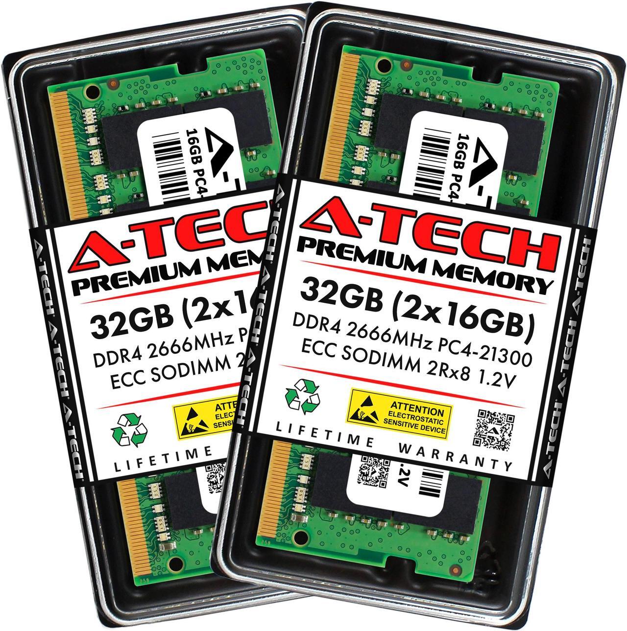 Main image of A-Tech 32GB (2x16GB) DDR4 2666 MHz ECC SODIMM PC4-21300 ECC Unbuffered SO-DIMM 260-Pin 1.2V 2Rx8 Dual Rank RAM Memory Upgrade Kit for Microservers, Mobile Workstations, and NAS Servers