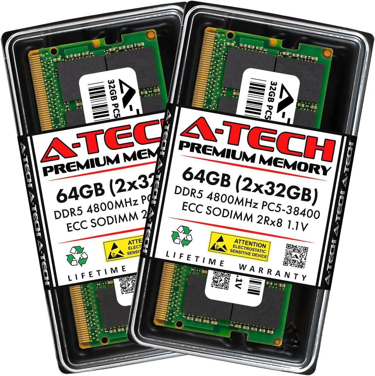 Main image of A-Tech 64GB (2x32GB) DDR5 4800 MHz ECC SODIMM PC5-38400 ECC Unbuffered SO-DIMM 262-Pin 1.1V 2Rx8 Dual Rank RAM Memory Upgrade Kit for Microservers, Mobile Workstations, and NAS Servers