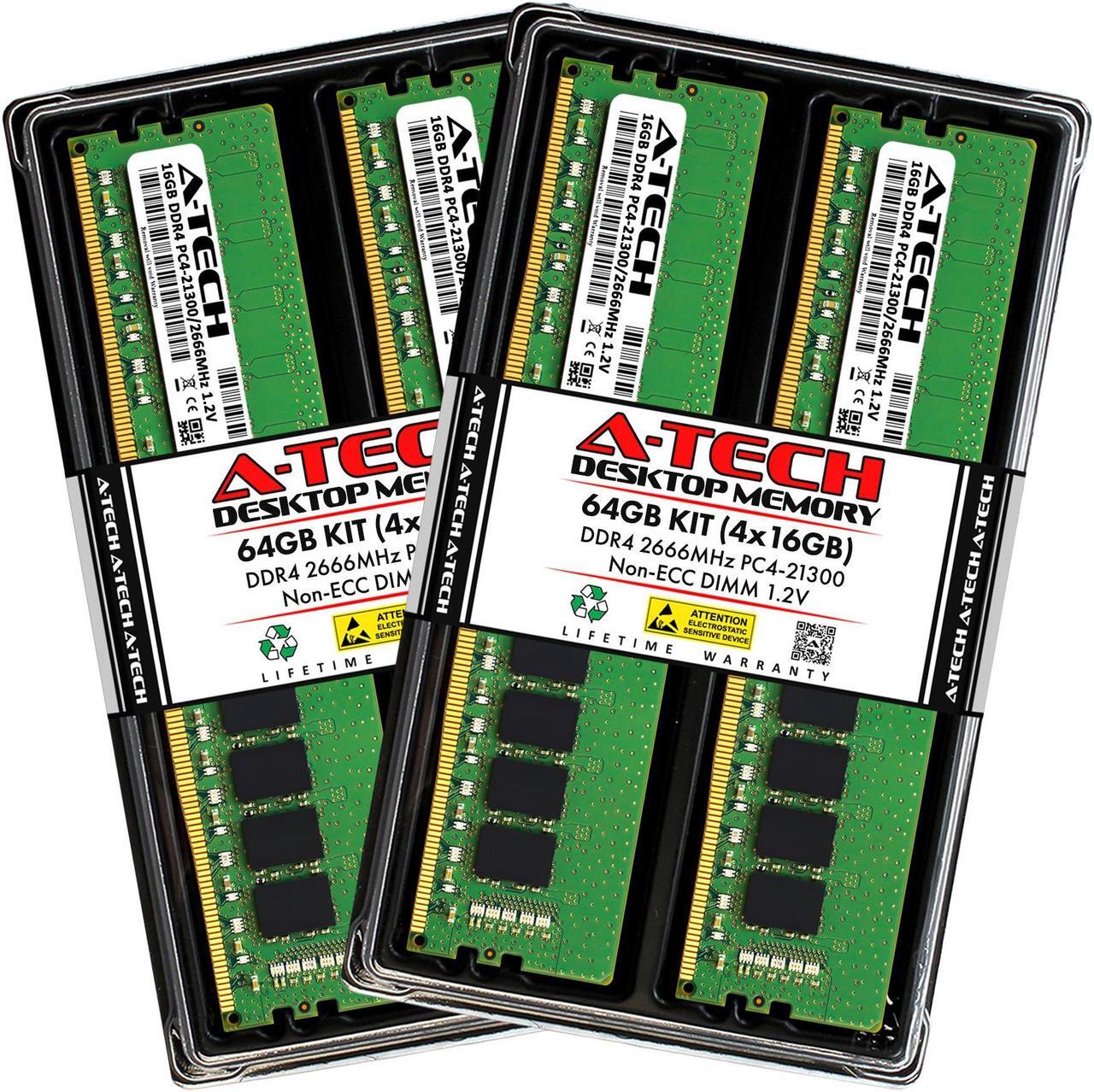 Main image of A-Tech 64GB (4x16GB) DDR4 2666MHz DIMM PC4-21300 UDIMM Non-ECC Unbuffered CL19 1.2V 288-Pin Desktop Computer RAM Memory Upgrade Kit
