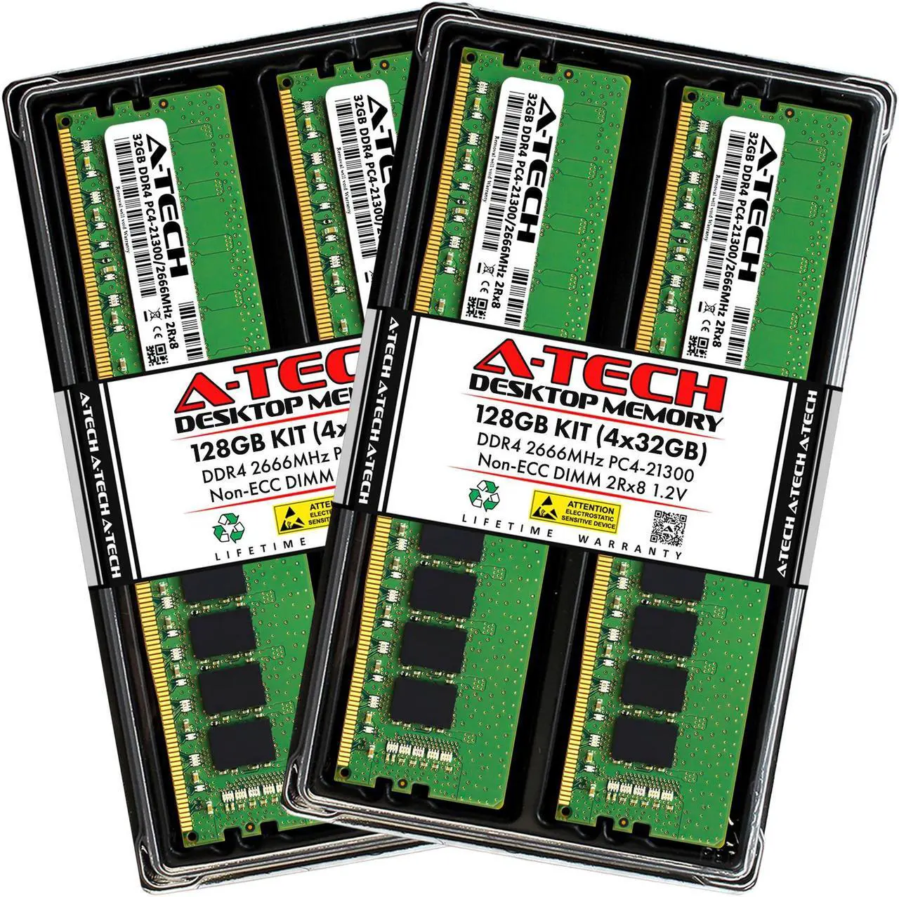 Main image of A-Tech 128GB (4x32GB) DDR4 2666MHz DIMM PC4-21300 UDIMM Non-ECC Unbuffered CL19 2Rx8 1.2V 288-Pin Dual Rank Desktop Computer PC RAM Memory Upgrade Kit