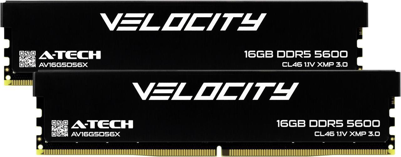 Main image of A-Tech Velocity 32GB (2x16GB) DDR5 5600MHz (PC5-44800) CL46 XMP 3.0 UDIMM 1.1V Non-ECC DIMM 288-Pin Desktop PC Gaming Memory RAM Kit - Black (AV2K16G5D56X)