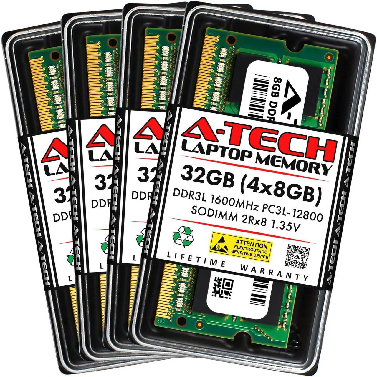 Main image of A-Tech 32GB (4x8GB) DDR3 1600MHz SODIMM PC3-12800 2Rx8 1.35V CL11 Non-ECC Unbuffered 204-Pin Dual Rank SO-DIMM Low Voltage Notebook Laptop RAM Memory Upgrade Kit