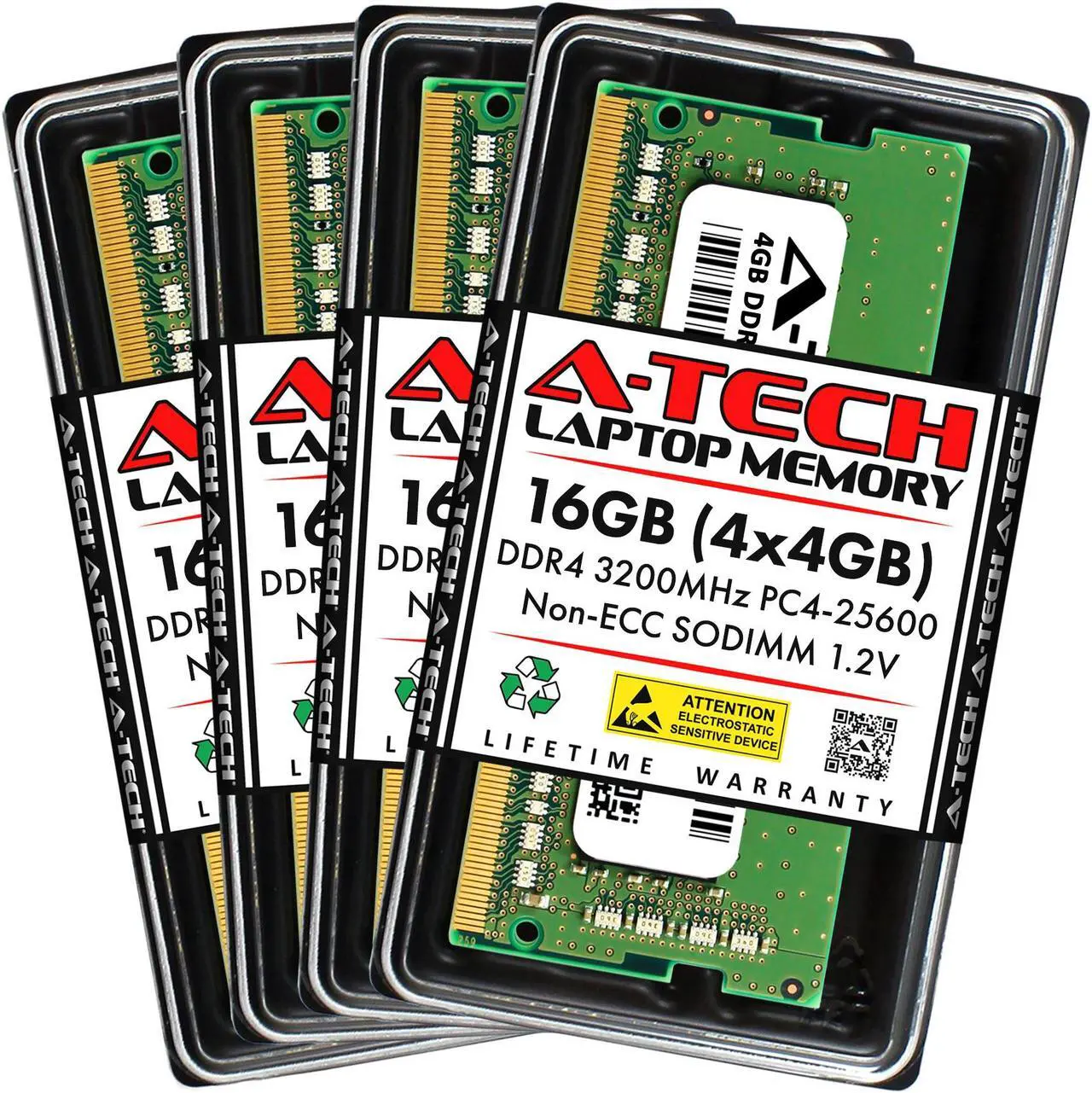 Main image of A-Tech 16GB (4x4GB) DDR4 3200MHz SODIMM PC4-25600 Non-ECC CL22 1.2V 260-Pin SO-DIMM Laptop Notebook Computer RAM Memory Upgrade Kit