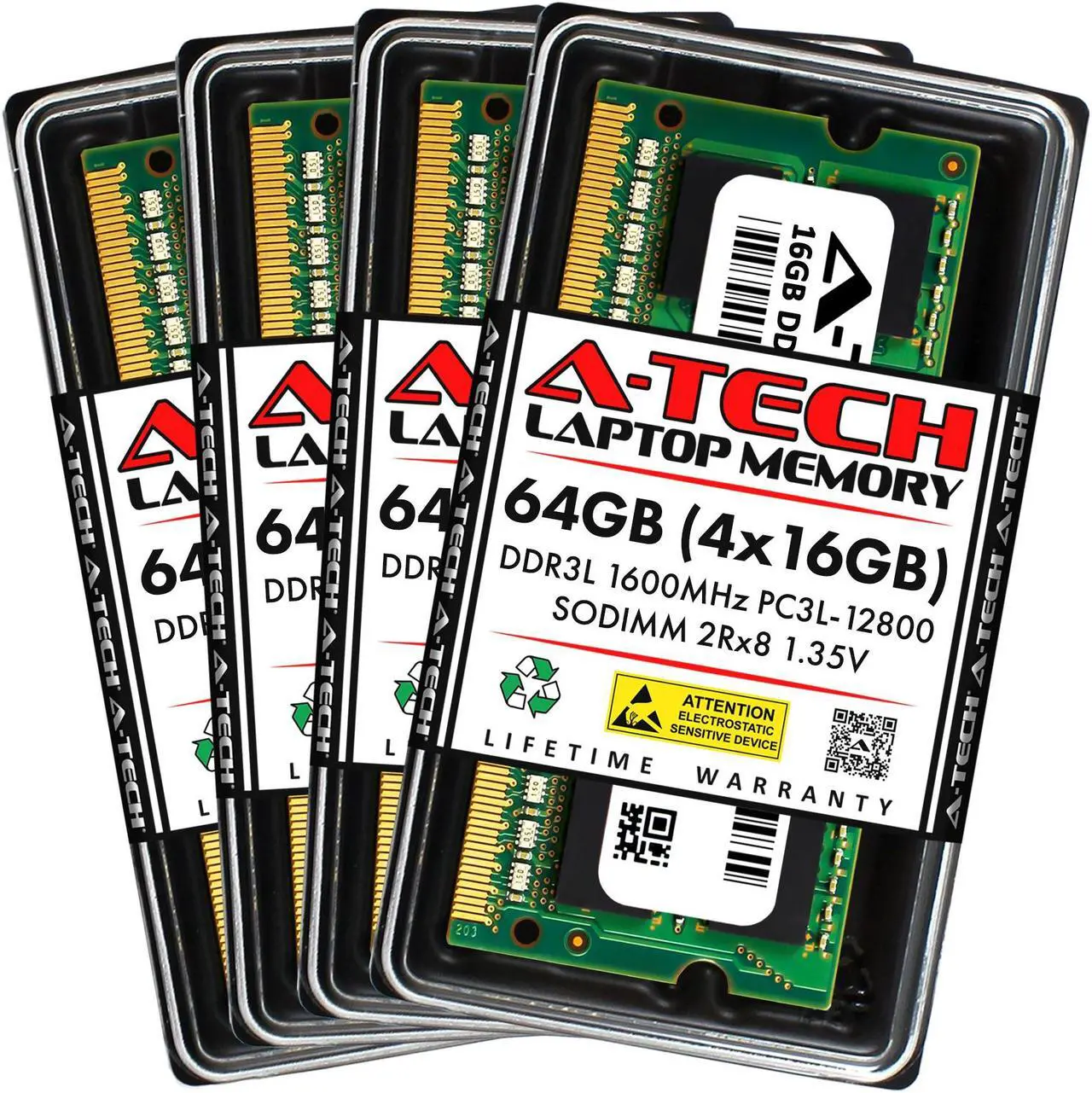 Main image of A-Tech 64GB (4x16GB) DDR3 1600MHz SODIMM PC3-12800 2Rx8 1.35V CL11 Non-ECC Unbuffered 204-Pin Dual Rank SO-DIMM Low Voltage Notebook Laptop RAM Memory Upgrade Kit