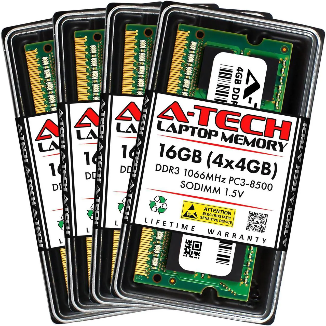 Main image of A-Tech 16GB Kit (4x4GB) DDR3 1066MHz SODIMM PC3-8500 CL7 1.5V Non-ECC Unbuffered 204-Pin SO-DIMM Notebook Laptop RAM Memory Upgrade Modules