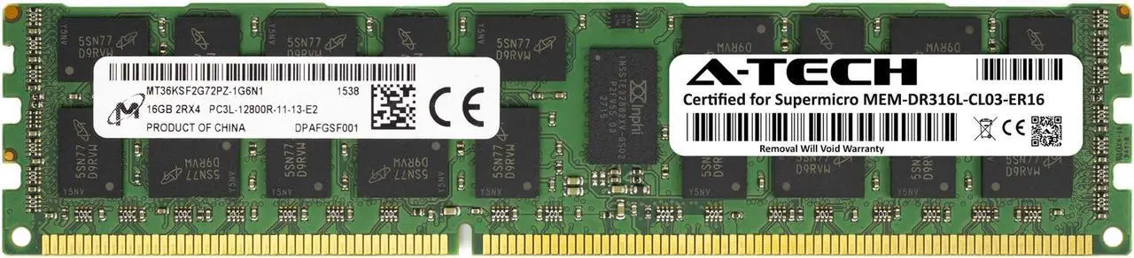 Main image of Supermicro Certified MEM-DR316L-CL03-ER16 | Micron MT36KSF2G72PZ-1G6N1 | 16GB PC3-12800 DDR3 1600MHz 2Rx4 Dual Rank ECC RDIMM Registered 240-Pin Server Memory RAM