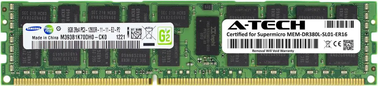 Main image of Supermicro Certified MEM-DR380L-SL01-ER16 | Samsung M393B1K70DH0-CK0 | 8GB PC3-12800 DDR3 1600MHz 2Rx4 Dual Rank ECC RDIMM Registered 240-Pin Server Memory RAM