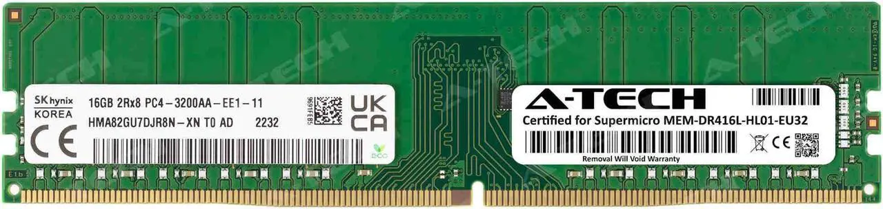 Main image of Supermicro Certified MEM-DR416L-HL01-EU32 | Hynix HMA82GU7DJR8N-XN | 16GB PC4-25600 DDR4 3200MHz 2Rx8 Dual Rank ECC Unbuffered UDIMM 288-Pin Server Memory RAM