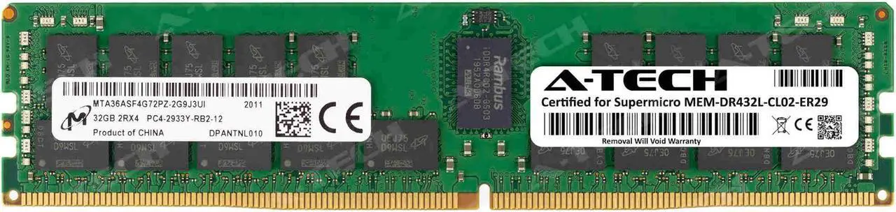 Main image of Supermicro Certified MEM-DR432L-CL02-ER29 | Micron MTA36ASF4G72PZ-2G9J3 | 32GB PC4-23400 DDR4 2933MHz 2Rx4 Dual Rank ECC RDIMM Registered 288-Pin Server Memory RAM