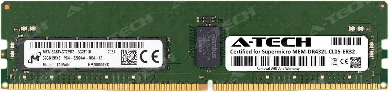 Main image of Supermicro Certified MEM-DR432L-CL05-ER32 | Micron MTA18ASF4G72PDZ-3G2E1 | 32GB PC4-25600 DDR4 3200MHz 2Rx8 Dual Rank ECC RDIMM Registered 288-Pin Server Memory RAM