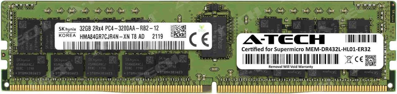 Main image of Supermicro Certified MEM-DR432L-HL01-ER32 | Hynix HMA84GR7CJR4N-XN | 32GB PC4-25600 DDR4 3200MHz 2Rx4 Dual Rank ECC RDIMM Registered 288-Pin Server Memory RAM