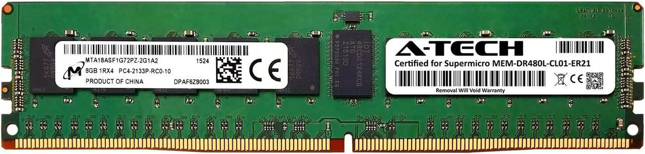 Main image of Supermicro Certified MEM-DR480L-CL01-ER21 | Micron MTA18ASF1G72PZ-2G1A2 | 8GB PC4-17000 DDR4 2133MHz 1Rx4 Single Rank ECC RDIMM Registered 288-Pin Server Memory RAM