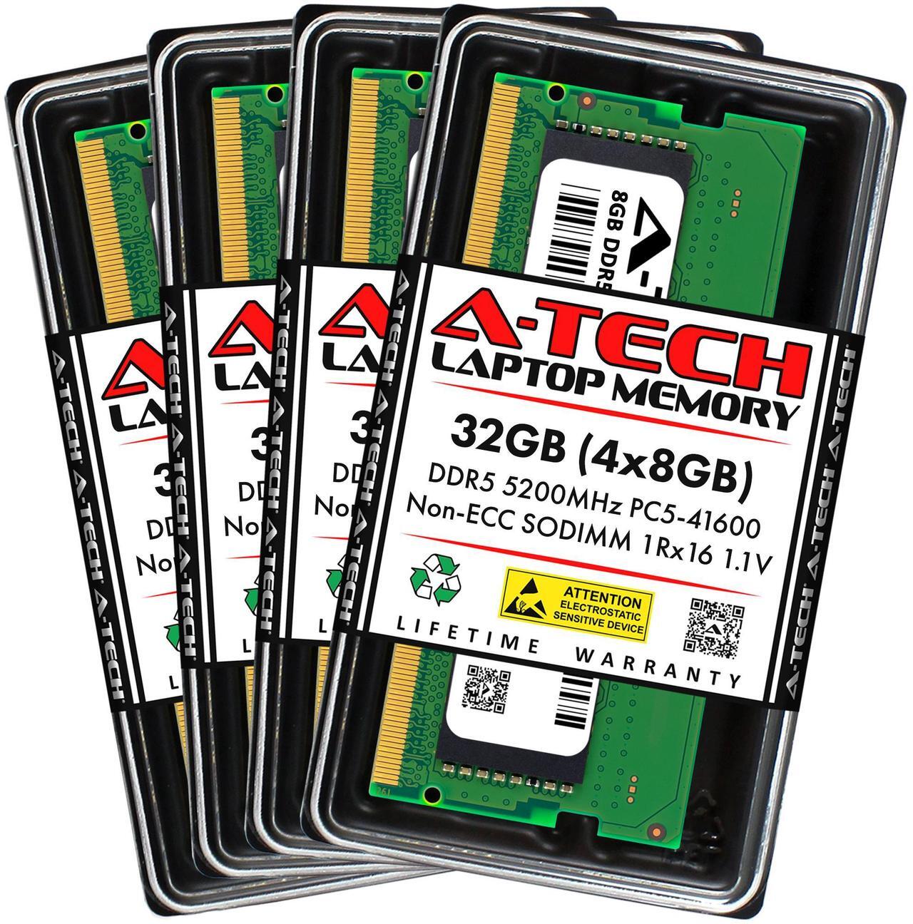Main image of A-Tech 32GB (4x8GB) DDR5 5200MHz SODIMM PC5-41600 Non-ECC Unbuffered CL42 1.1V 262-Pin SO-DIMM Laptop, Notebook, All-in-One Computer RAM Memory Upgrade Kit