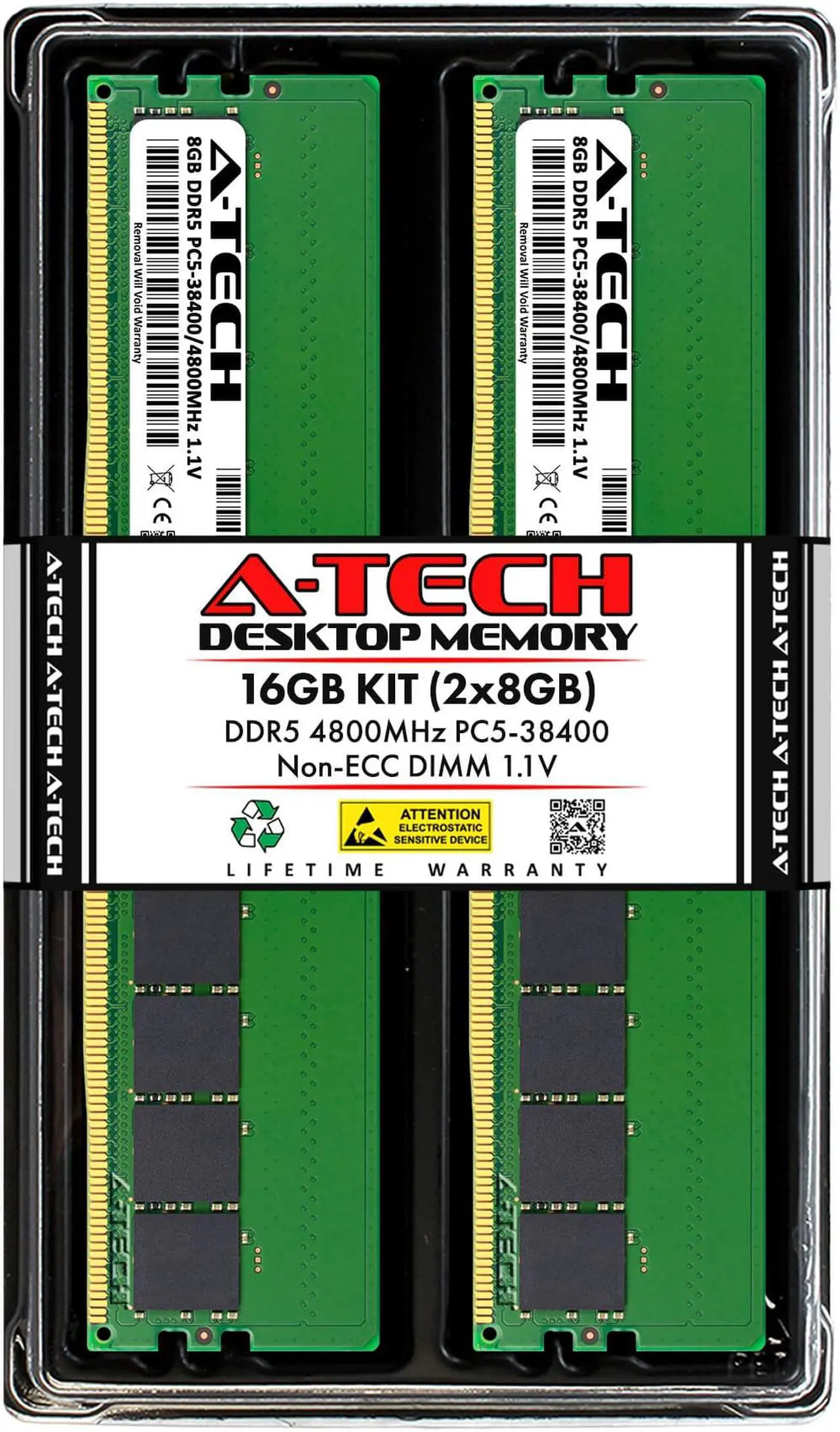 Main image of A-Tech 16GB Kit (2 x 8GB) DDR5 4800MHz DIMM PC5-38400 Non-ECC Unbuffered CL40 UDIMM 288-Pin 1.1V Desktop RAM Memory Modules