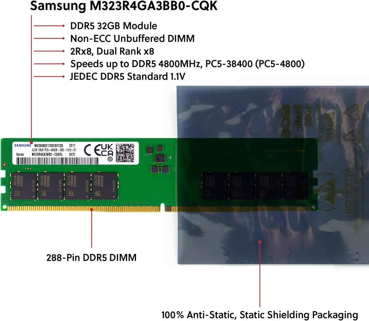 Alt view image 2 of 5 - Samsung M323R4GA3BB0-CQK 32GB DDR5-4800 PC5-38400 4800MHz UDIMM Non-ECC Unbuffered DIMM 288-Pin 2Rx8 1.1V Desktop Memory RAM Module