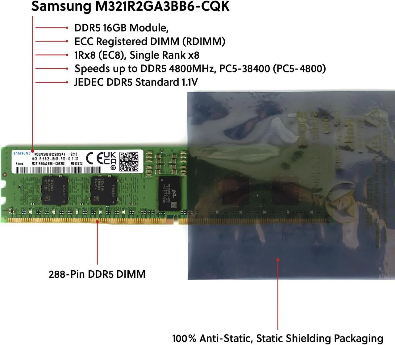 Alt view image 2 of 5 - Samsung M321R2GA3BB6-CQK 16GB DDR5-4800 REG EC8 RDIMM PC5-38400R ECC Registered DIMM 288-Pin 1Rx8 1.1V Server Memory RAM Module