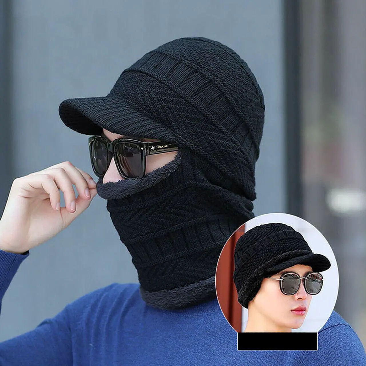 Alt view image 4 of 5 - Balaclava Beanie Motorcycle Cycling Hood Hat Face Mask UV Wind Proof Cover Knit(With Brim)
