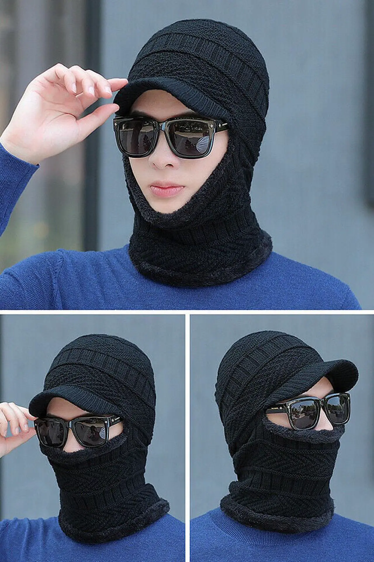 Alt view image 2 of 5 - Balaclava Beanie Motorcycle Cycling Hood Hat Face Mask UV Wind Proof Cover Knit(With Brim)