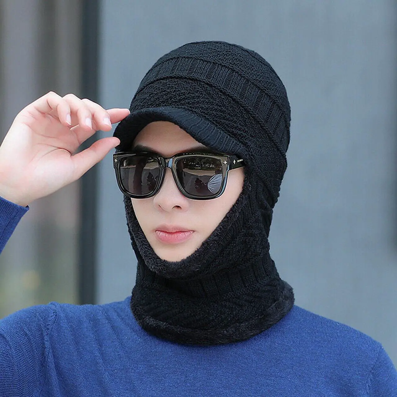 Alt view image 5 of 5 - Balaclava Beanie Motorcycle Cycling Hood Hat Face Mask UV Wind Proof Cover Knit(With Brim)