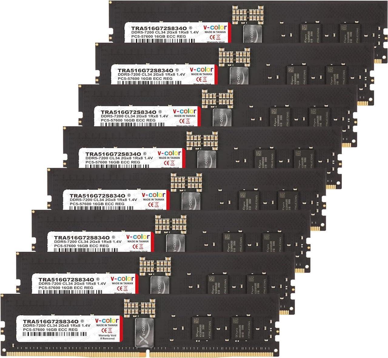 Main image of V-COLOR DDR5 128GB (16GBx8) 7200MHz CL34 2Gx8 1Rx8 OC R-DIMM (Overclocking ECC Registered DIMM) 1.4V Memory Ram for WRX90 Workstation (AMD EXPO) (TRA516G72S834O)