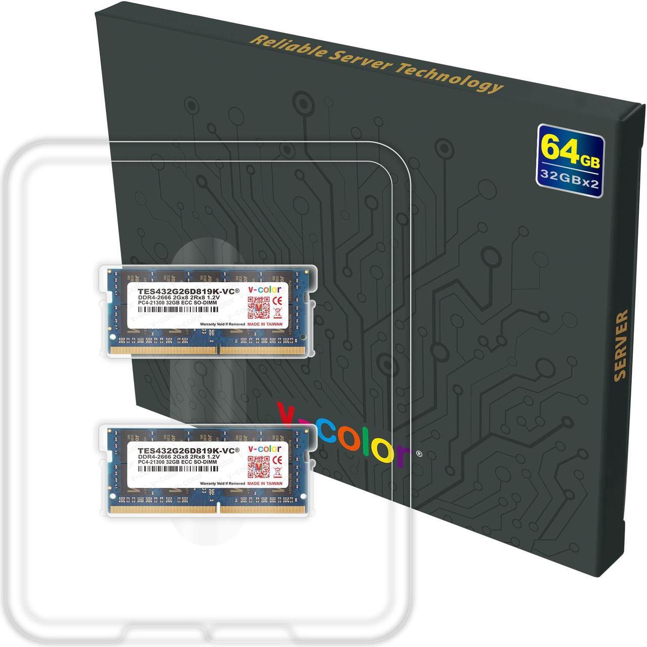 Alt view image 4 of 4 - V-COLOR 64GB (2 x 32GB) ECC SO-DIMM DDR4 2666MHz (PC4-21300) for microservers, workstations, Networking Platforms and Embedded Systems 2Rx8 CL19 1.2V (TES432G26D819K-VC)
