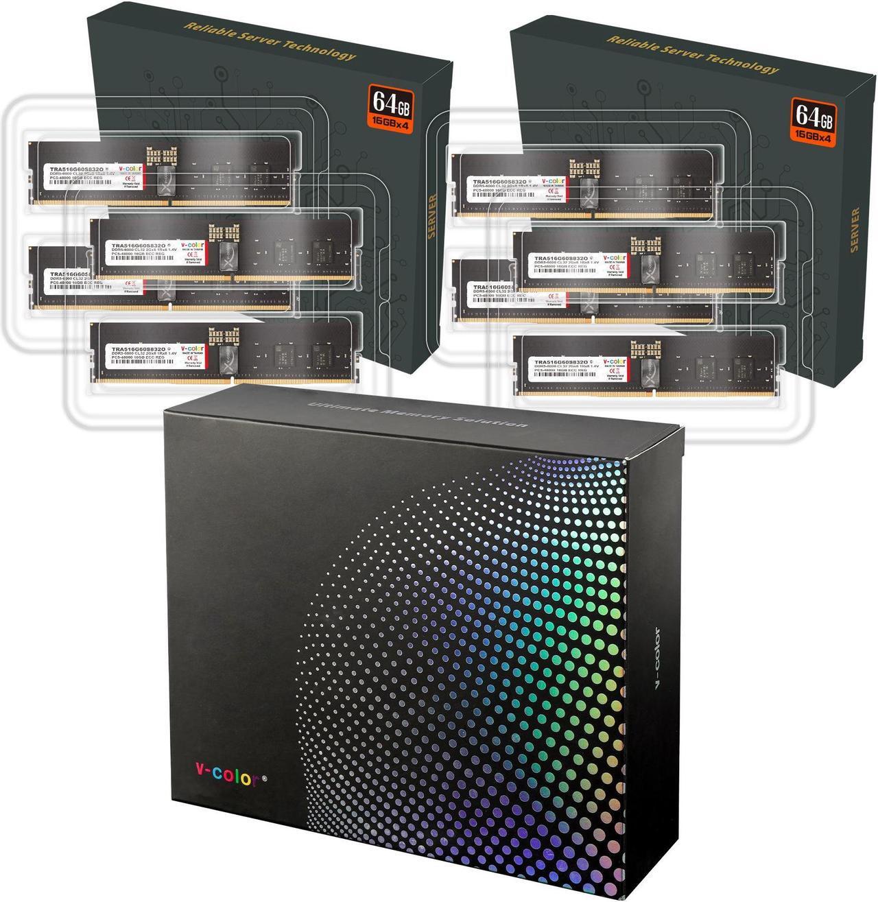 Alt view image 4 of 3 - V-COLOR DDR5 128GB (16GBx8) 6000MHz CL32 2Gx8 1Rx8 OC R-DIMM (Overclocking ECC Registered DIMM) 1.25V Memory Ram for WRX90 Workstation (AMD EXPO) (TRA516G60S832O)