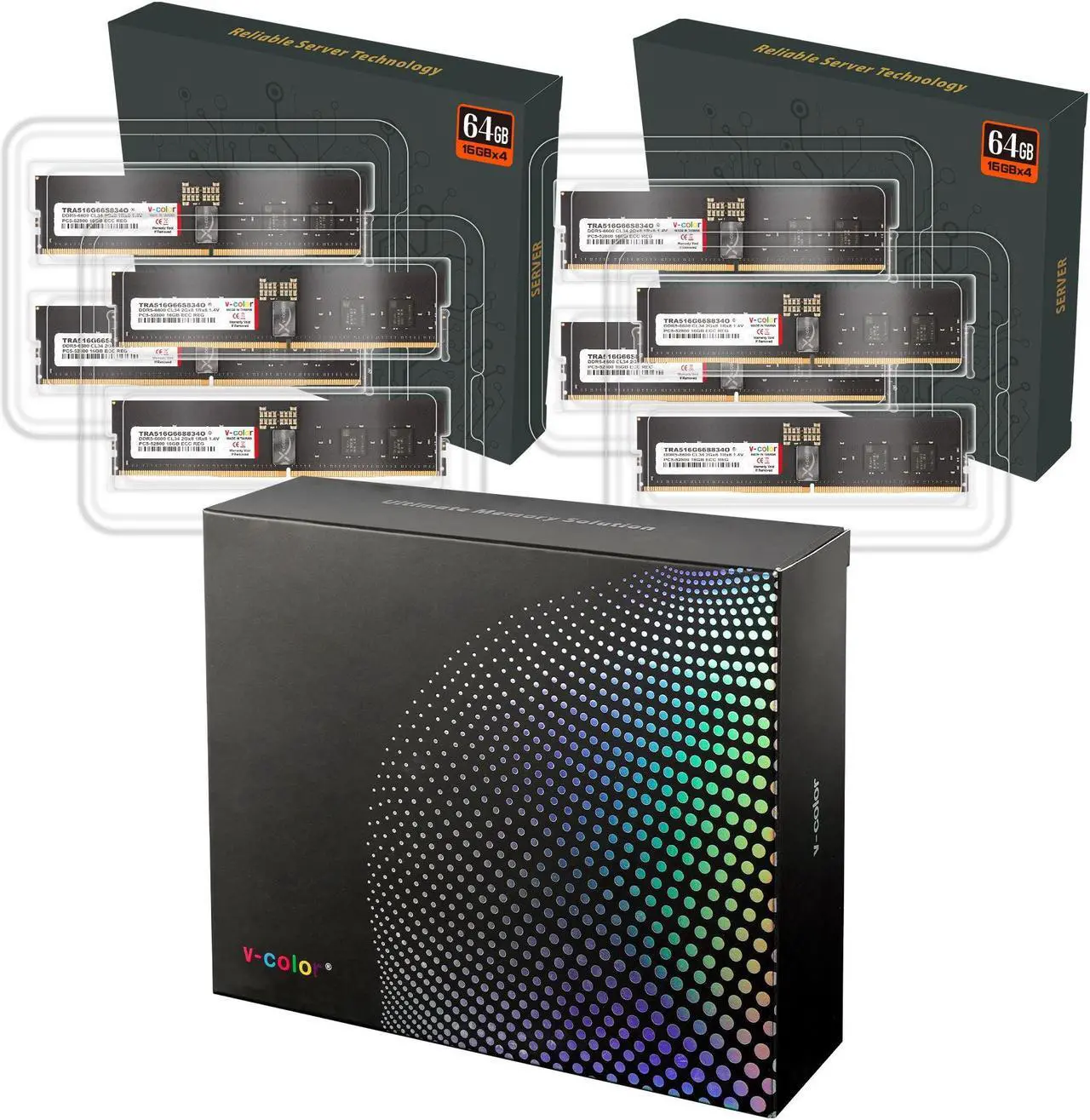 Alt view image 4 of 3 - V-COLOR DDR5 128GB (16GBx8) 6600MHz CL34 2Gx8 1Rx8 OC R-DIMM (Overclocking ECC Registered DIMM) 1.4V Memory Ram for WRX90 Workstation (AMD EXPO) (TRA516G66S834O)