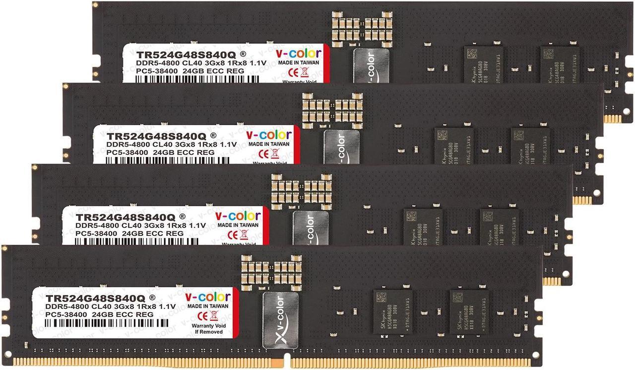 Main image of V-COLOR DDR5 96GB (24GBx4) 4800MHz CL40 Overclocking R-DIMM 3Gx8 1Rx8 1.1V ECC Registered DIMM Memory for W790 Workstation (Intel XMP) (TR524G48S840QX)