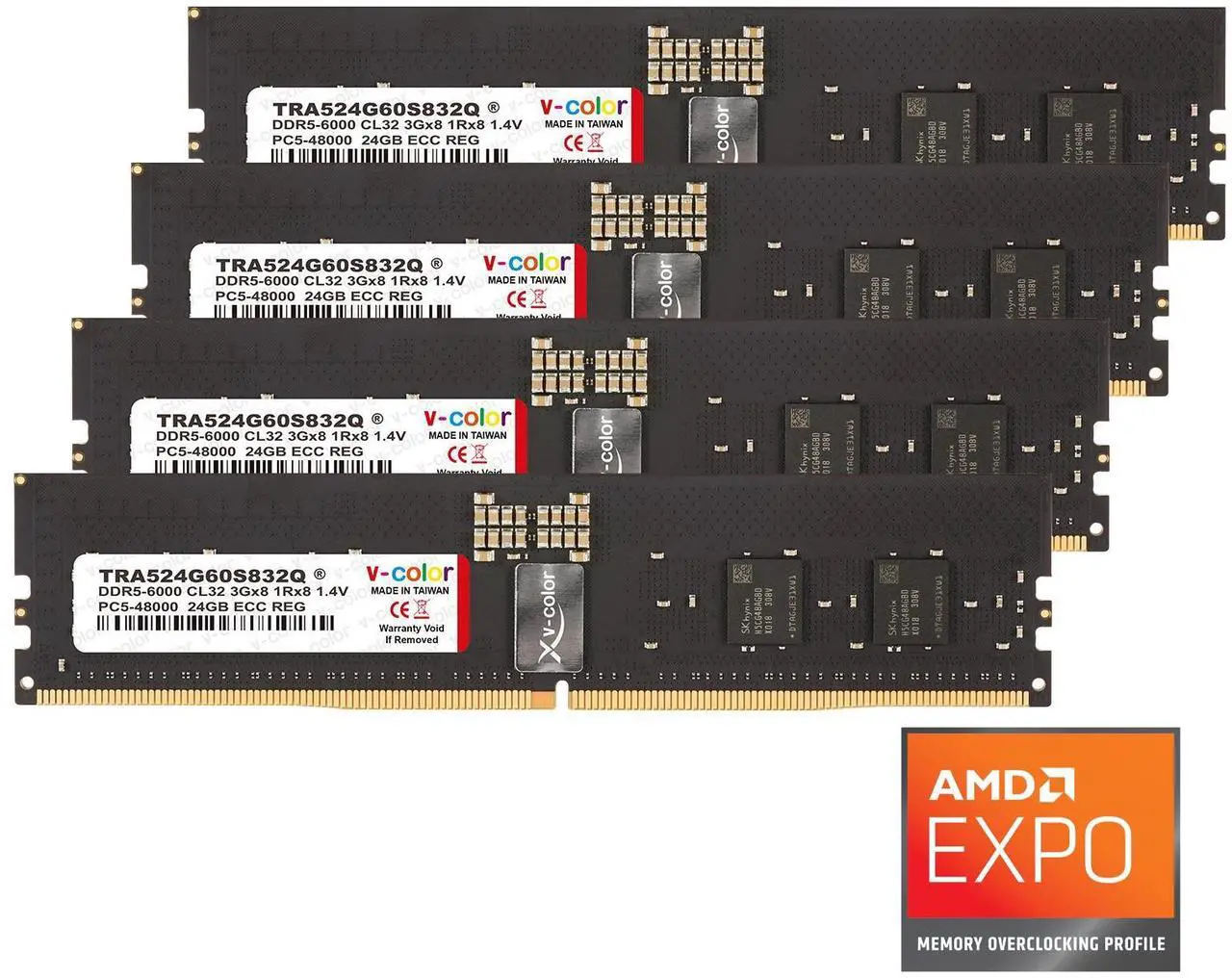 Main image of V-Color DDR5 96GB (24GBx4) 6000MHz CL32 3Gx8 1Rx8 OC R-DIMM (Overclocking ECC Registered DIMM) 1.4V Memory Ram for TRX50 Workstation (AMD Expo) (TRA524G60S832Q)