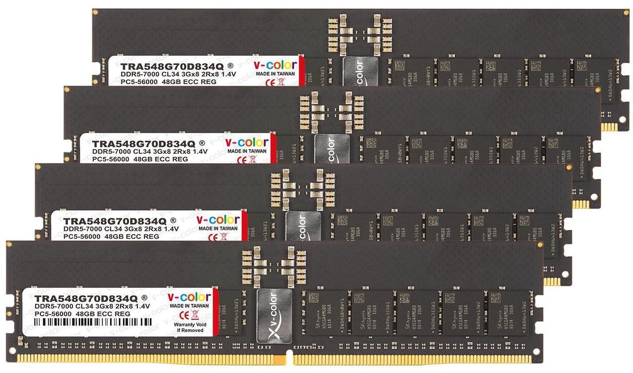 Main image of V-COLOR DDR5 192GB (48GBx4) 7000MHz CL34 3Gx8 2Rx8 OC R-DIMM (Overclocking ECC Registered DIMM) 1.4V Memory Ram for TRX50 Workstation (AMD EXPO) (TRA548G70D834Q)