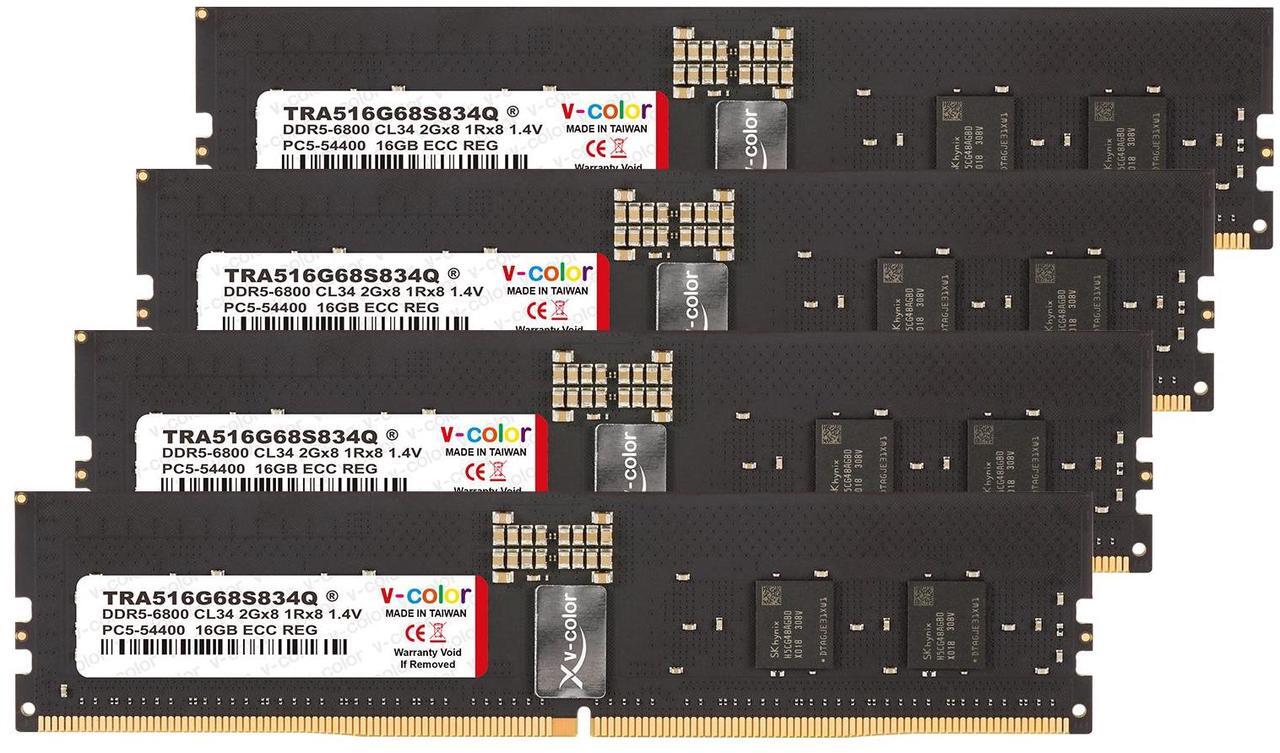Main image of V-COLOR DDR5 64GB (16GBx4) 6800MHz CL34 2Gx8 1Rx8 OC R-DIMM (Overclocking ECC Registered DIMM) 1.4V Memory Ram for TRX50 Workstation (AMD EXPO) (TRA516G68S834Q)