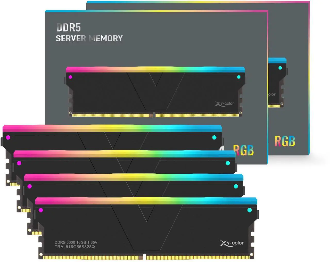 Alt view image 2 of 3 - V-Color DDR5 64GB (16GBx4) 5600MHz CL28 1Rx8 Ultra-Low timing OC R-DIMM RGB(Overclocking ECC Registered RGB DIMM) 1.35V Memory Ram for TRX50/WRX90 Workstation (AMD EXPO) (TRAL516G56S828Q)