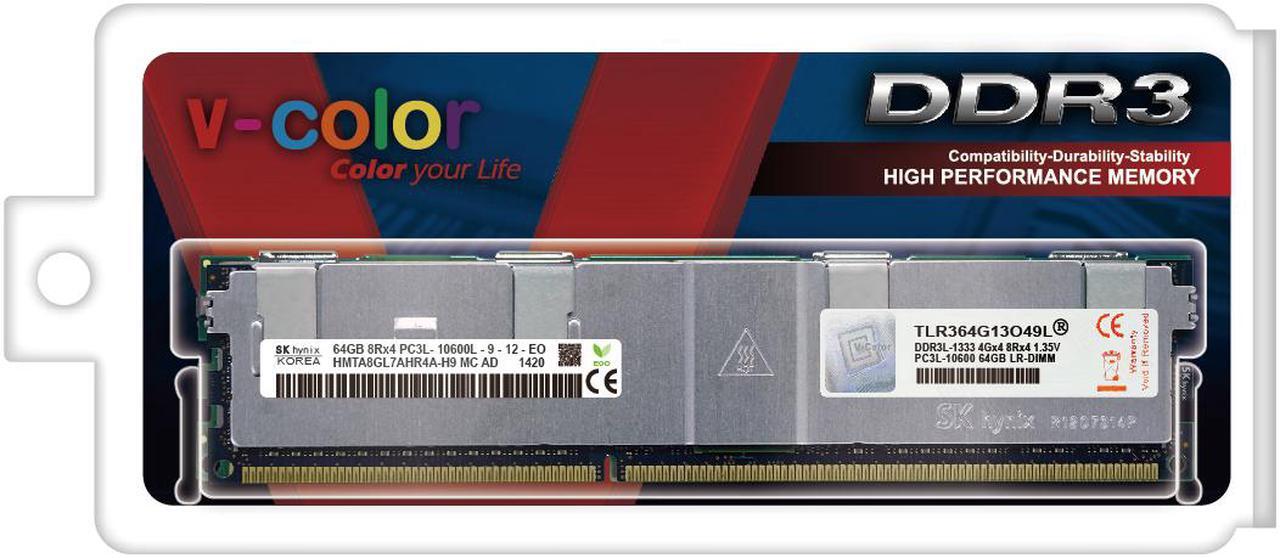 Alt view image 2 of 2 - v-color 64GB DDR3 SDRAM ECC Load Reduced DIMM DDR3 1333MHz(PC3-10600) SK Hynix IC Server Memory Model TLR364G13O49L