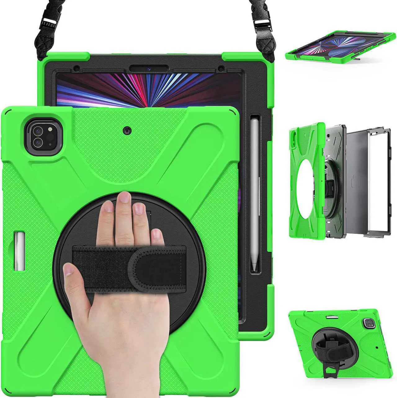 Main image of iPad Pro 12.9 Case 2021 5th Generation, Shockproof Rugged Drop Protection Cover with Pencil Holder and Rotating Kickstand Hand Strap / Shoulder Strap For iPad Pro 12.9 inch 2021 Green