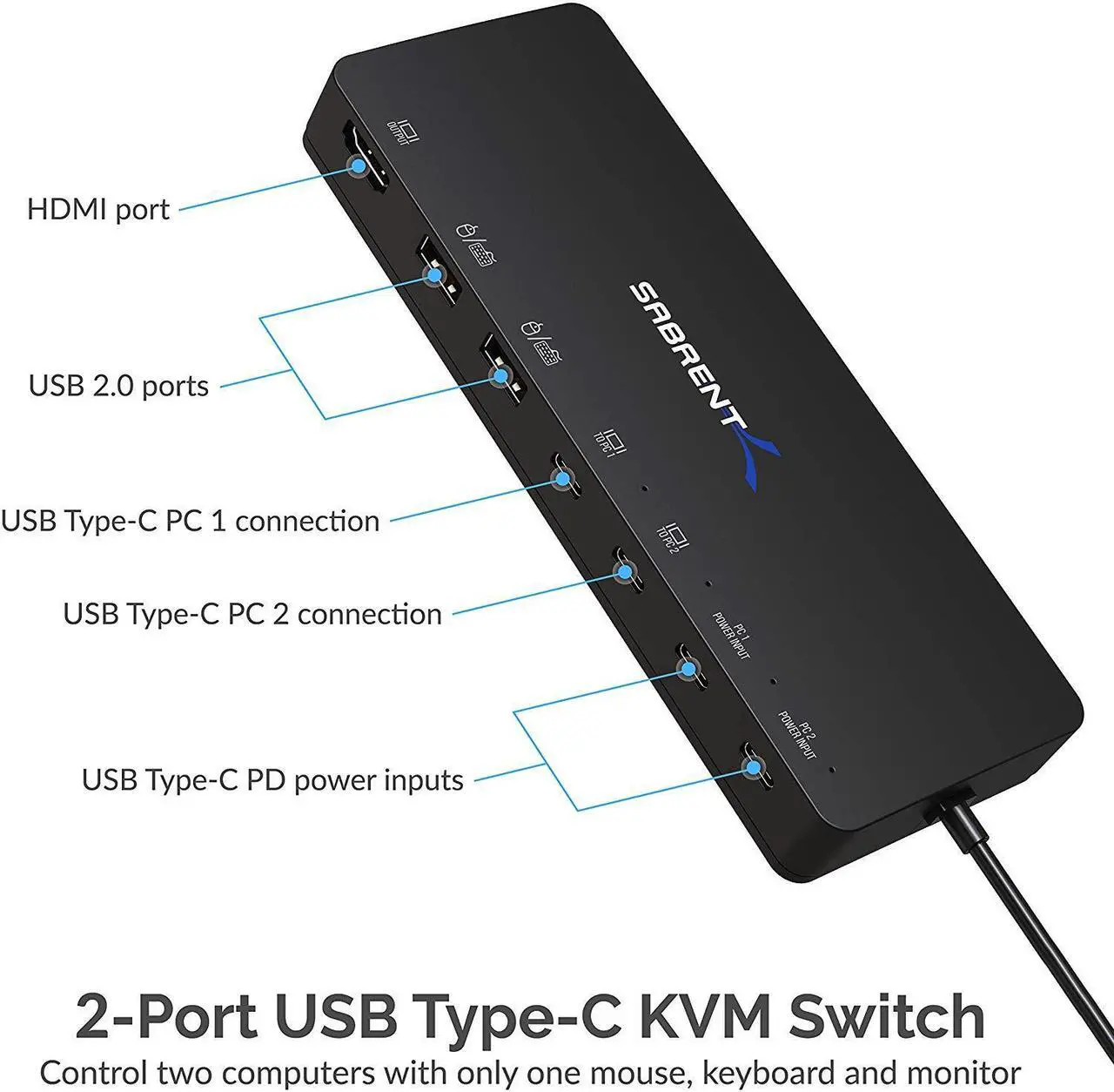 Alt view image 3 of 11 - SABRENT 2-Port USB Type-C KVM Switch with 60 Watt Power Delivery Option (USB-KCPD)