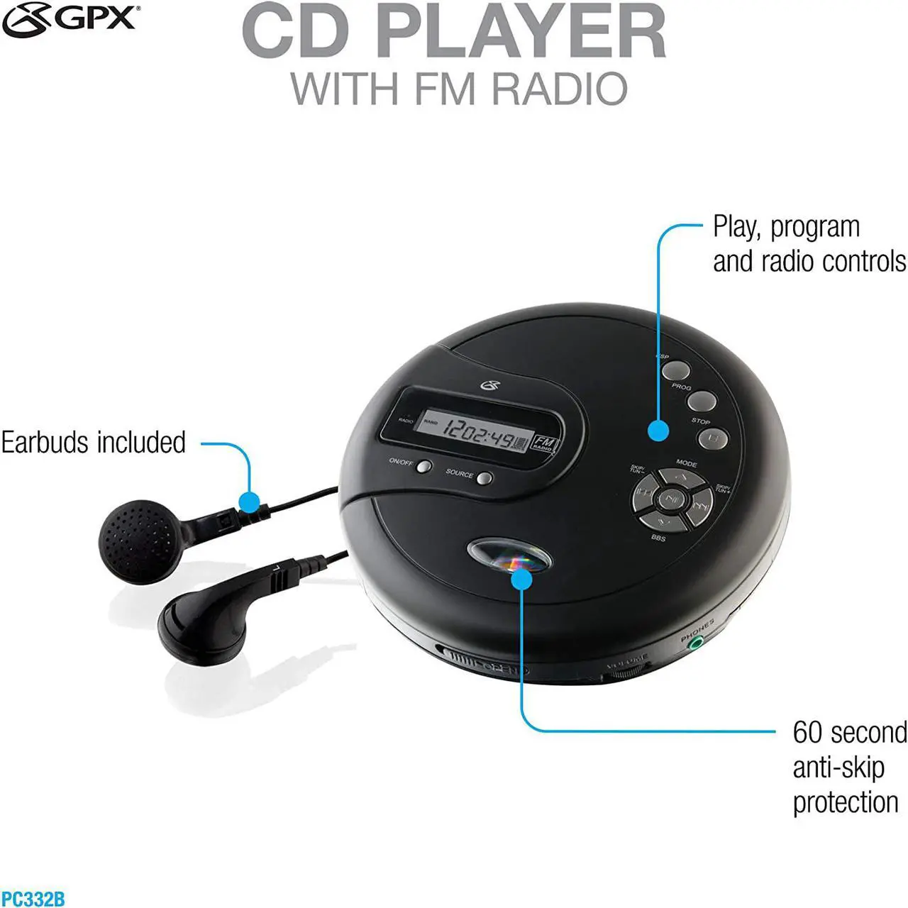 Alt view image 4 of 16 - GPX Personal CD Player with Skip Protection PC332B