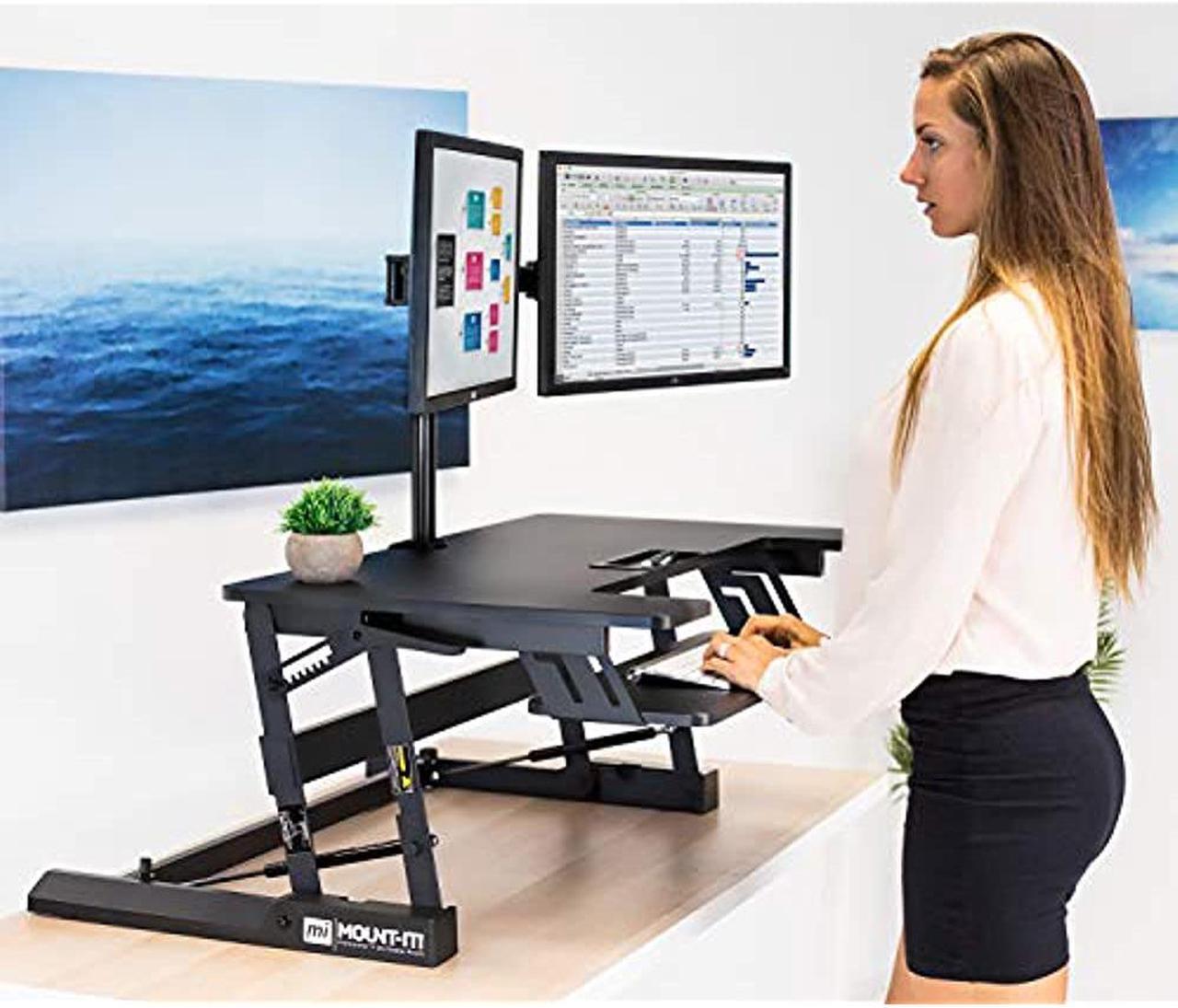 Alt view image 8 of 15 - Mount-It! Standing Desk Converter with Bonus Dual Monitor Mount Included | Wide 36 Inch Platform