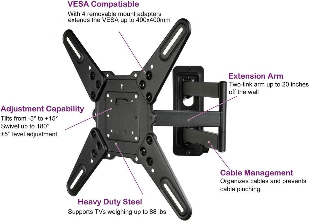 Alt view image 13 of 14 - VideoSecu Full Motion Articulating TV Wall Mount for most 26-55" LCD LED HDTV UHD, Long Arm Tilt Swivel TV Mount Bracket with Max VESA 400x400mm, Loading 88lbs, Cable Management BJZ