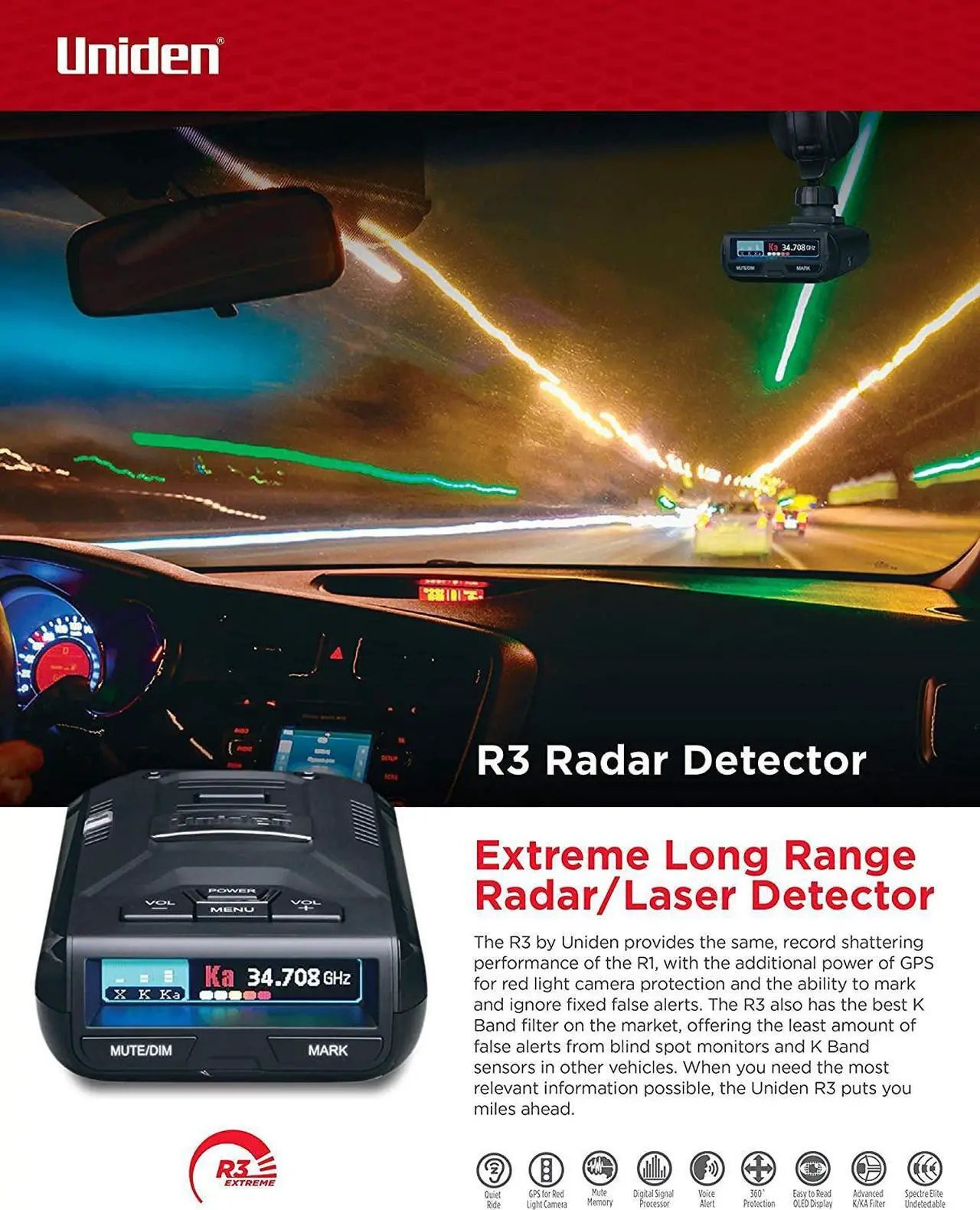 Alt view image 13 of 20 - Uniden R3 Extreme Long Range Radar Detector / Laser Detector