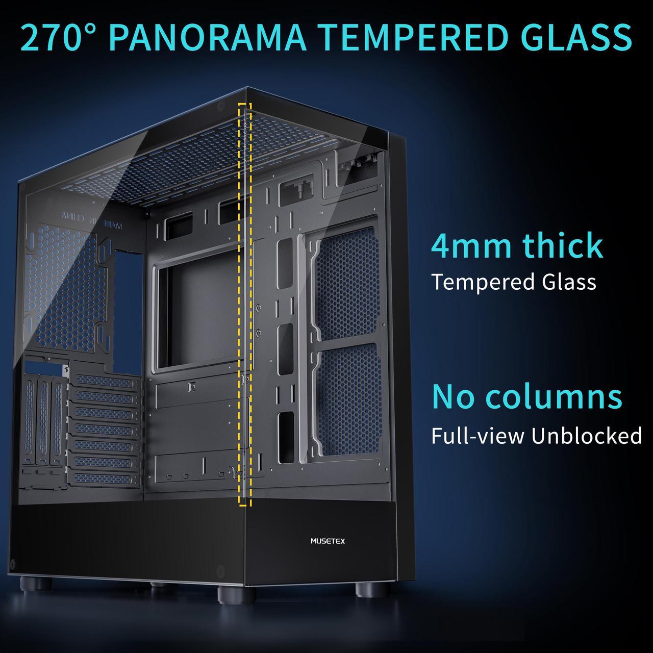 Alt view image 2 of 7 - MUSETEX PC CASE ATX 6 PWM ARGB Fans Pre-Installed, Type-C Mid Tower Computer Case with Full-View Dual Tempered Glass, Gaming PC Case, Black (K2)