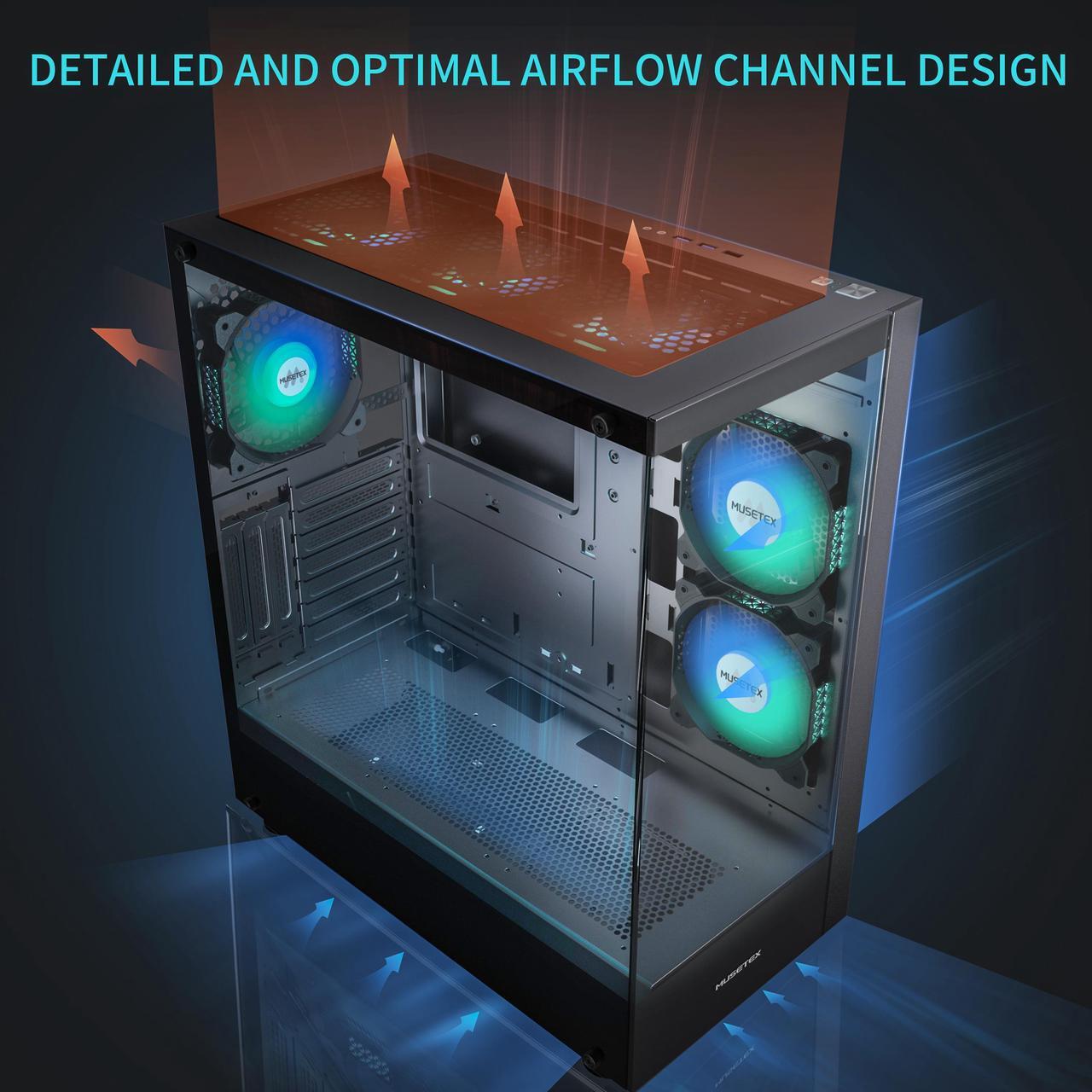 Alt view image 4 of 7 - MUSETEX PC CASE ATX 6 PWM ARGB Fans Pre-Installed, Type-C Mid Tower Computer Case with Full-View Dual Tempered Glass, Gaming PC Case, Black (K2)