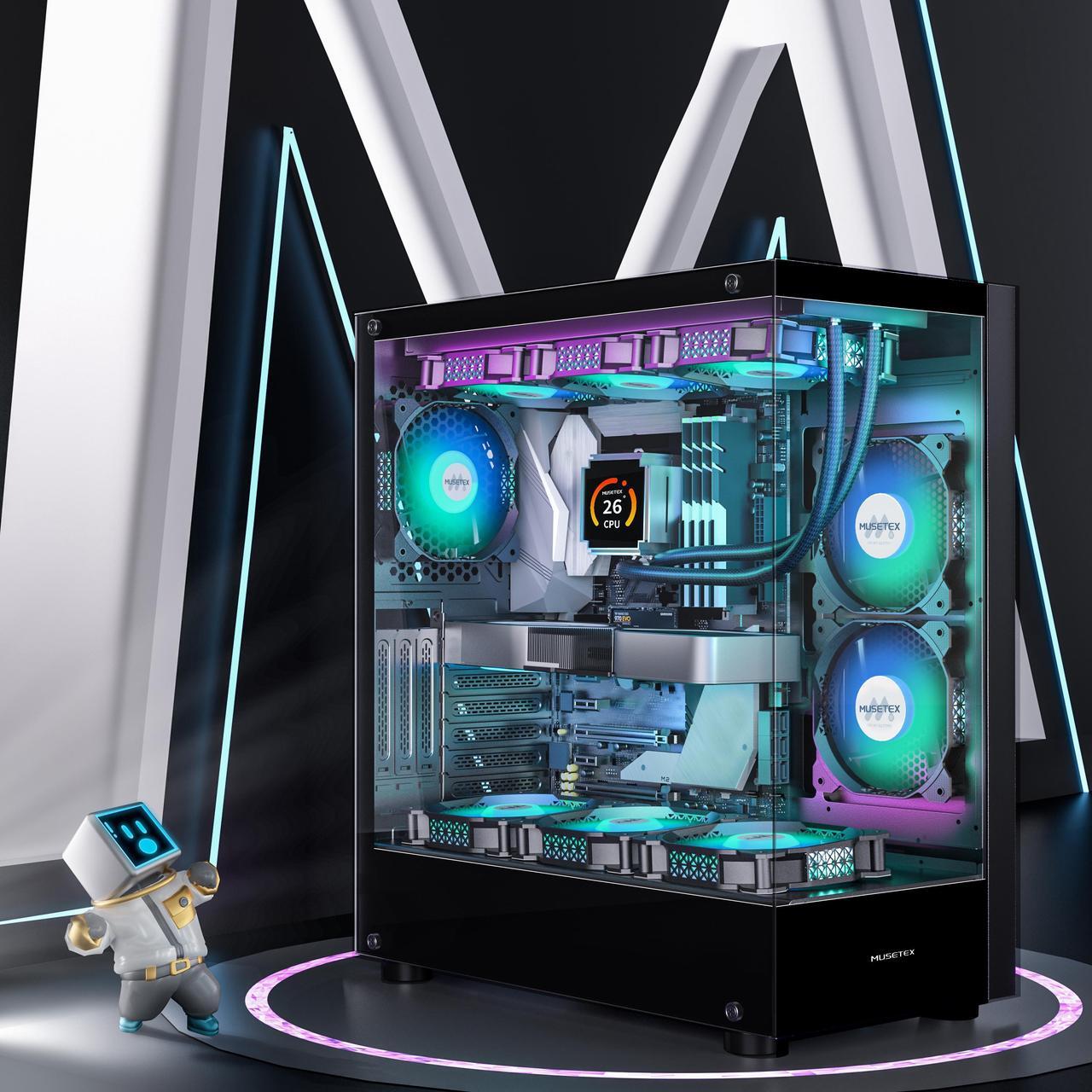Alt view image 7 of 7 - MUSETEX PC CASE ATX 6 PWM ARGB Fans Pre-Installed, Type-C Mid Tower Computer Case with Full-View Dual Tempered Glass, Gaming PC Case, Black (K2)